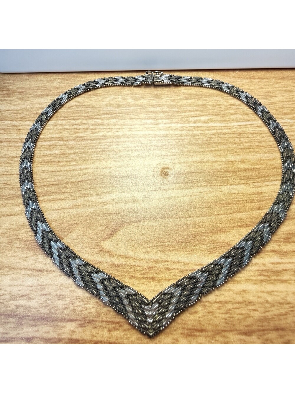 Vintage Italian 826 Silver Two-Toned Chevron Necklace 16 Long. Marked